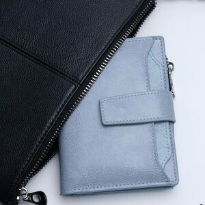 Stylish Light Blue leather RFID blocking bifold zipper wallet card